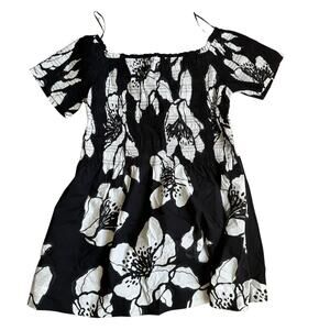 NWT H&M Off Shoulder Smocked-Bodice Dress Floral Print Black & White XXL